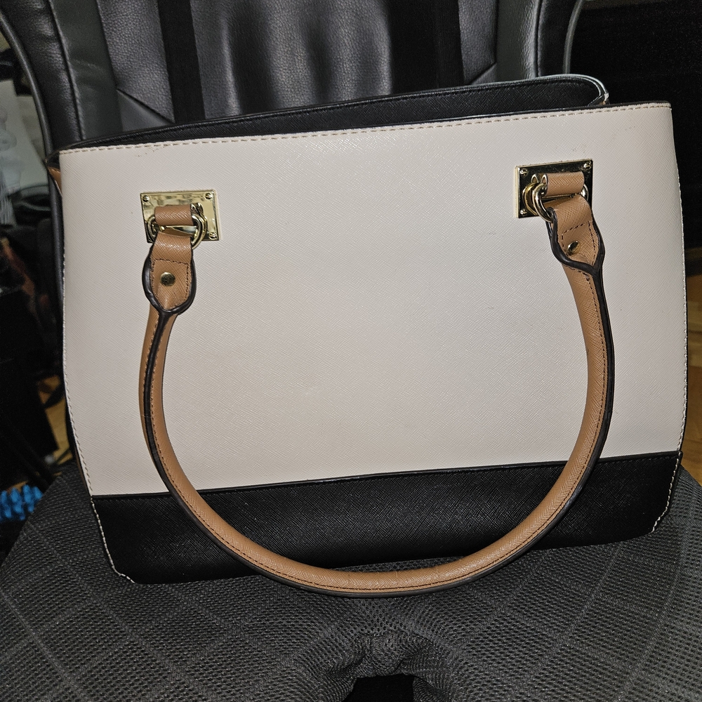 Anne Klein Black and Cream Tote with Tan Straps